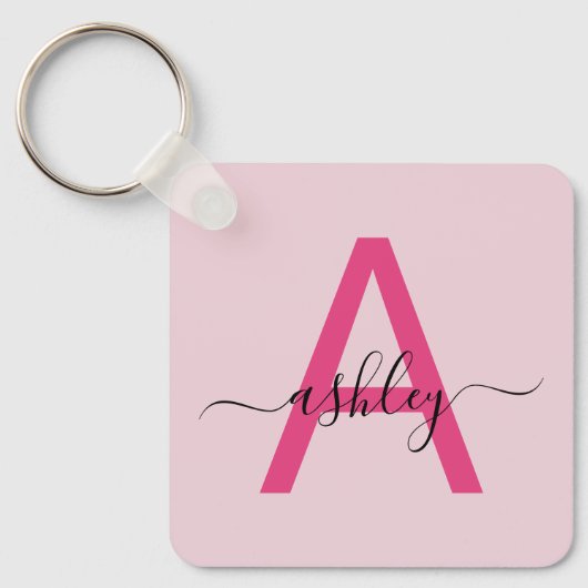 Hot Pink Modern Script Girly Monogram Naam Sleutelhanger (Voorkant)
