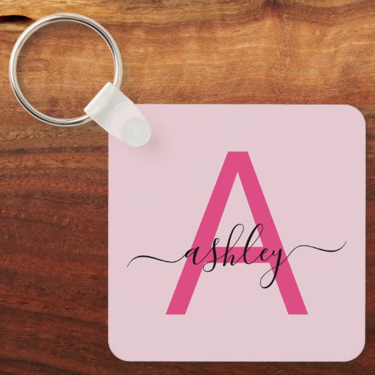 Hot Pink Modern Script Girly Monogram Naam Sleutelhanger (Voorkant)