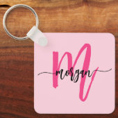 Hot Pink Modern Script Girly Monogram Naam Sleutelhanger (Voorkant)