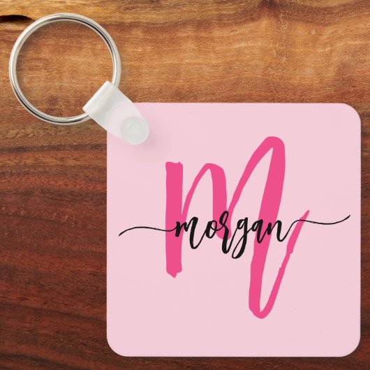 Hot Pink Modern Script Girly Monogram Naam Sleutelhanger (Voorkant)