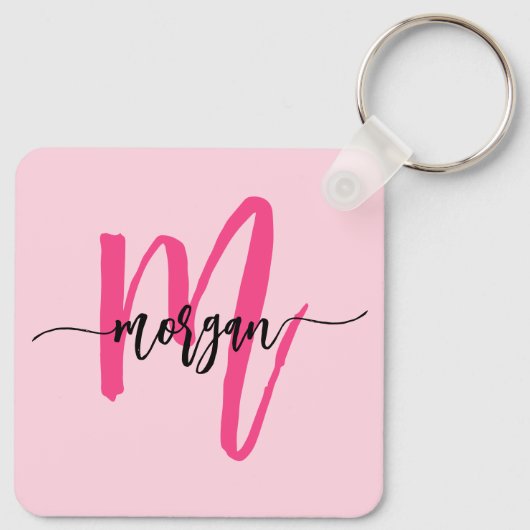 Hot Pink Modern Script Girly Monogram Naam Sleutelhanger (Achterkant)