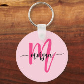Hot Pink Modern Script Girly Monogram Naam Sleutelhanger (Voorkant)
