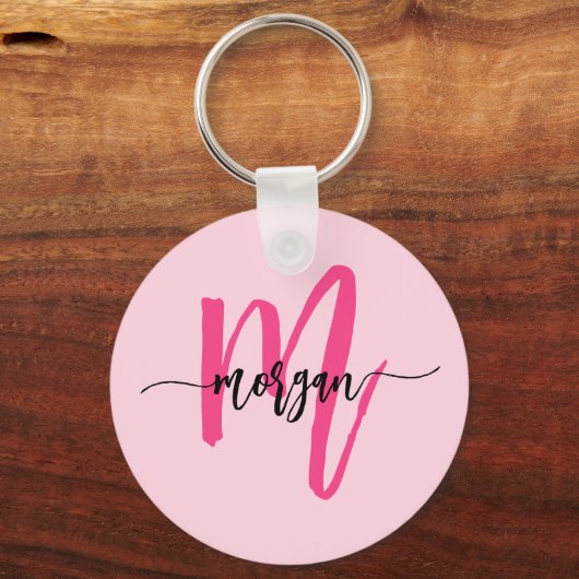 Hot Pink Modern Script Girly Monogram Naam Sleutelhanger (Voorkant)