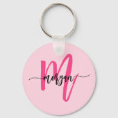 Hot Pink Modern Script Girly Monogram Naam Sleutelhanger (Achterkant)