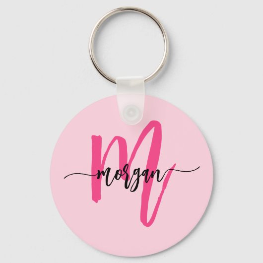 Hot Pink Modern Script Girly Monogram Naam Sleutelhanger (Achterkant)