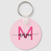 Hot Pink Modern Script Girly Monogram Naam Sleutelhanger (Achterkant)