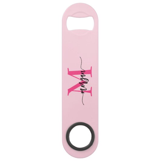 Hot Pink Modern Script Girly Monogram Naam Speed Flessenopener (Achterkant)