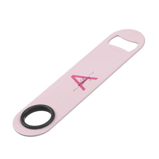 Hot Pink Modern Script Girly Monogram Naam Speed Flessenopener (Achterkant Gekanteld)