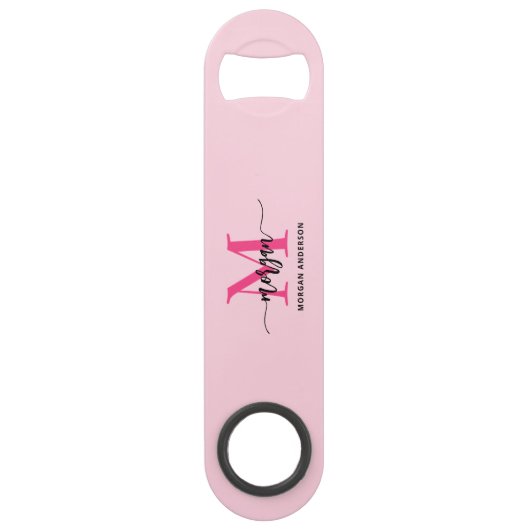 Hot Pink Modern Script Girly Monogram Naam Speed Flessenopener (Achterkant)