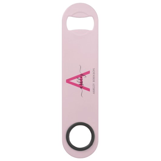 Hot Pink Modern Script Girly Monogram Naam Speed Flessenopener (Achterkant)