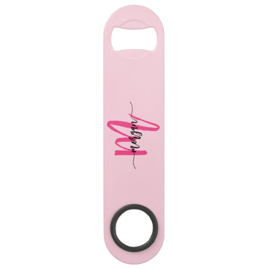Hot Pink Modern Script Girly Monogram Naam Speed Flessenopener (Voorkant)