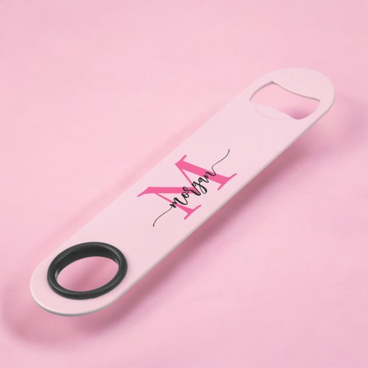 Hot Pink Modern Script Girly Monogram Naam Speed Flessenopener