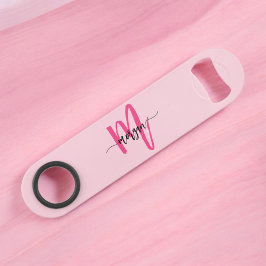 Hot Pink Modern Script Girly Monogram Naam Speed Flessenopener