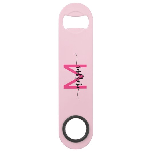 Hot Pink Modern Script Girly Monogram Naam Speed Flessenopener (Achterkant)