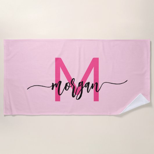Hot Pink Modern Script Girly Monogram Naam Strandlaken (Voorkant)