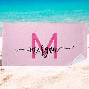 Hot Pink Modern Script Girly Monogram Naam Strandlaken