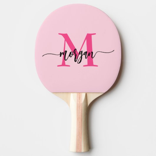 Hot Pink Modern Script Girly Monogram Naam Tafeltennisbatje (Voorkant)