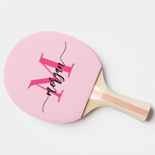 Hot Pink Modern Script Girly Monogram Naam Tafeltennisbatje (Zijkant)