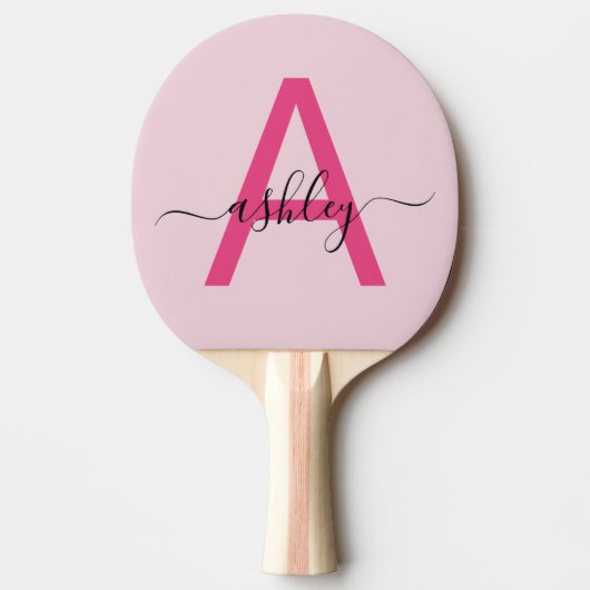 Hot Pink Modern Script Girly Monogram Naam Tafeltennisbatje (Voorkant)