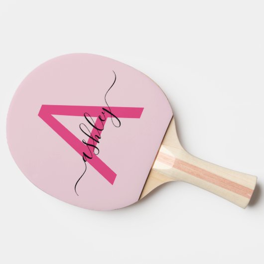Hot Pink Modern Script Girly Monogram Naam Tafeltennisbatje (Zijkant)