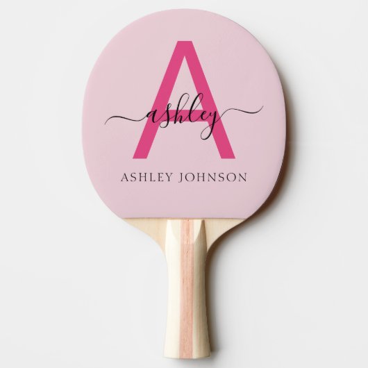 Hot Pink Modern Script Girly Monogram Naam Tafeltennisbatje (Achterkant)