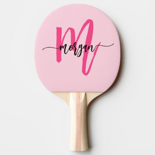 Hot Pink Modern Script Girly Monogram Naam Tafeltennisbatje (Achterkant)