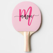 Hot Pink Modern Script Girly Monogram Naam Tafeltennisbatje (Voorkant)