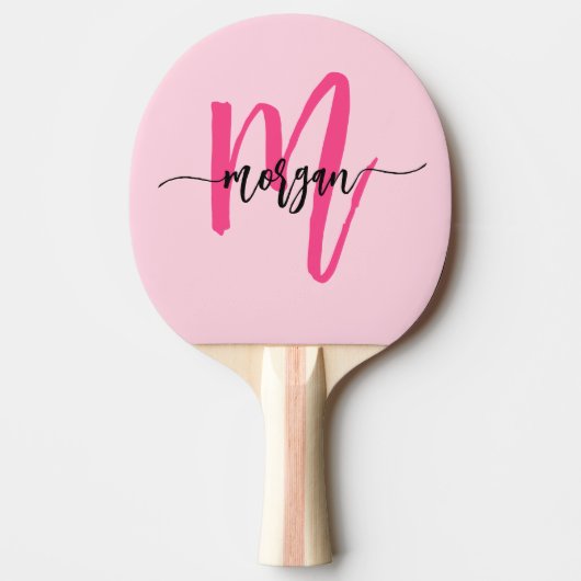 Hot Pink Modern Script Girly Monogram Naam Tafeltennisbatje (Voorkant)