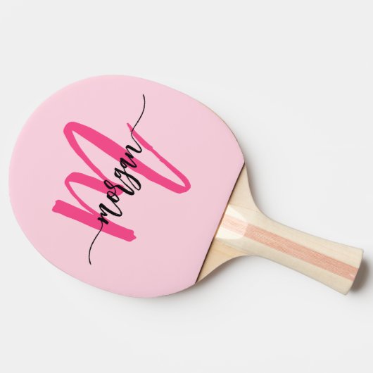 Hot Pink Modern Script Girly Monogram Naam Tafeltennisbatje (Zijkant)