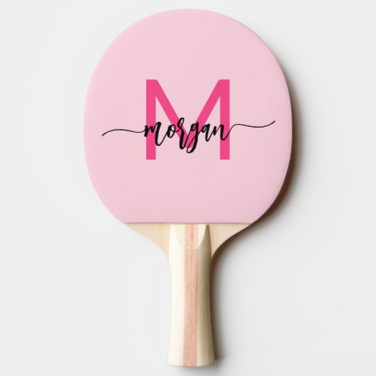 Hot Pink Modern Script Girly Monogram Naam Tafeltennisbatje (Achterkant)
