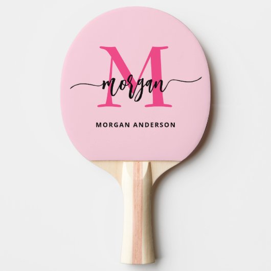 Hot Pink Modern Script Girly Monogram Naam Tafeltennisbatje (Voorkant)