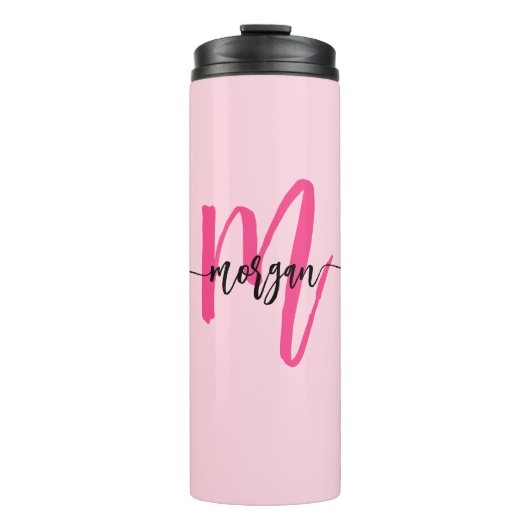 Hot Pink Modern Script Girly Monogram Naam Thermosbeker (Voorkant)