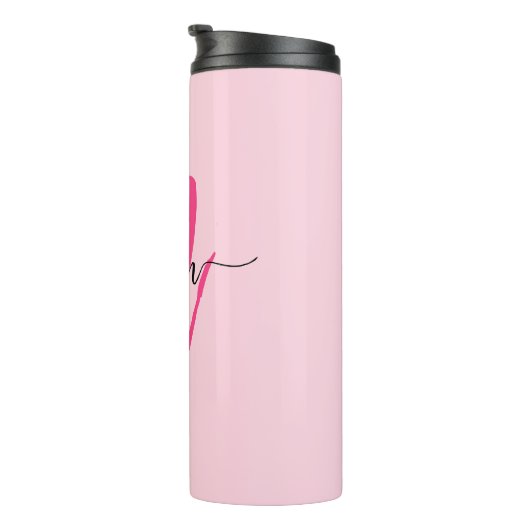 Hot Pink Modern Script Girly Monogram Naam Thermosbeker (Geroteerd rechts)