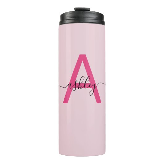 Hot Pink Modern Script Girly Monogram Naam Thermosbeker (Voorkant)