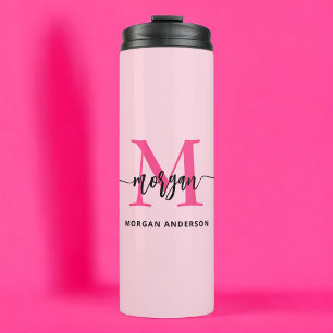 Hot Pink Modern Script Girly Monogram Naam Thermosbeker