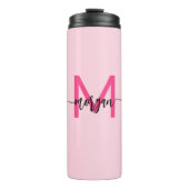 Hot Pink Modern Script Girly Monogram Naam Thermosbeker (Voorkant)