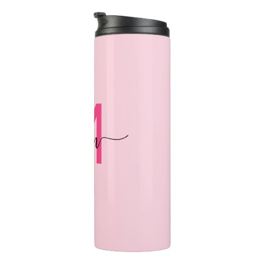 Hot Pink Modern Script Girly Monogram Naam Thermosbeker (Geroteerd rechts)