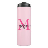 Hot Pink Modern Script Girly Monogram Naam Thermosbeker (Voorkant)