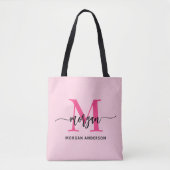 Hot Pink Modern Script Girly Monogram Naam Tote Bag (Voorkant)