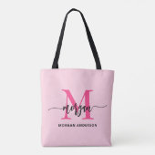 Hot Pink Modern Script Girly Monogram Naam Tote Bag (Achterkant)