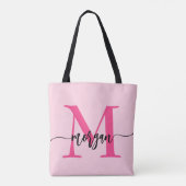 Hot Pink Modern Script Girly Monogram Naam Tote Bag (Achterkant)