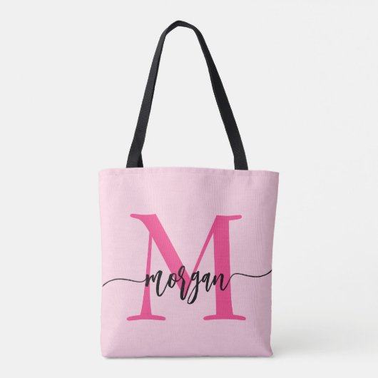 Hot Pink Modern Script Girly Monogram Naam Tote Bag (Achterkant)