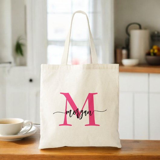 Hot Pink Modern Script Girly Monogram Naam Tote Bag