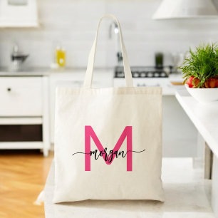 Hot Pink Modern Script Girly Monogram Naam Tote Bag