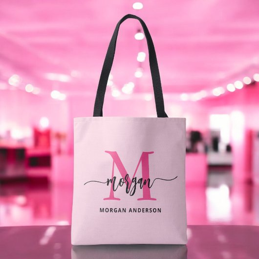 Hot Pink Modern Script Girly Monogram Naam Tote Bag