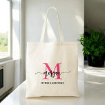 Hot Pink Modern Script Girly Monogram Naam Tote Bag<br><div class="desc">Draag uw benodigdheden in stijl met onze Hot Pink Modern Script Girly Monogram Naam Canvas tas! Dit tas is voorzien van een gedurfd hot pink ontwerp en is gepersonaliseerd met jouw naam in een chique, modern script voor een trendy, aangepaste look. Perfect voor winkelen, school of dagelijks gebruik, het biedt...</div>