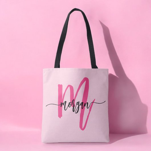 Hot Pink Modern Script Girly Monogram Naam Tote Bag