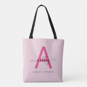 Hot Pink Modern Script Girly Monogram Naam Tote Bag (Achterkant)