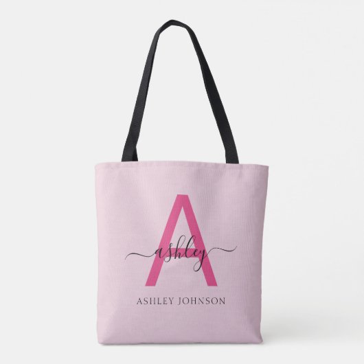 Hot Pink Modern Script Girly Monogram Naam Tote Bag (Achterkant)