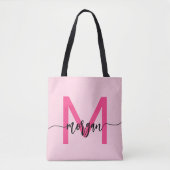 Hot Pink Modern Script Girly Monogram Naam Tote Bag (Voorkant)